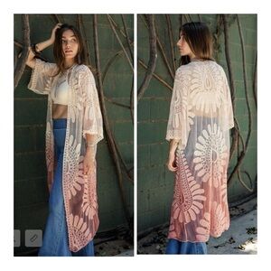 Alchemy Thread Large Ombre Embroidered Lace Bohemian Kimono Cardigan Duster